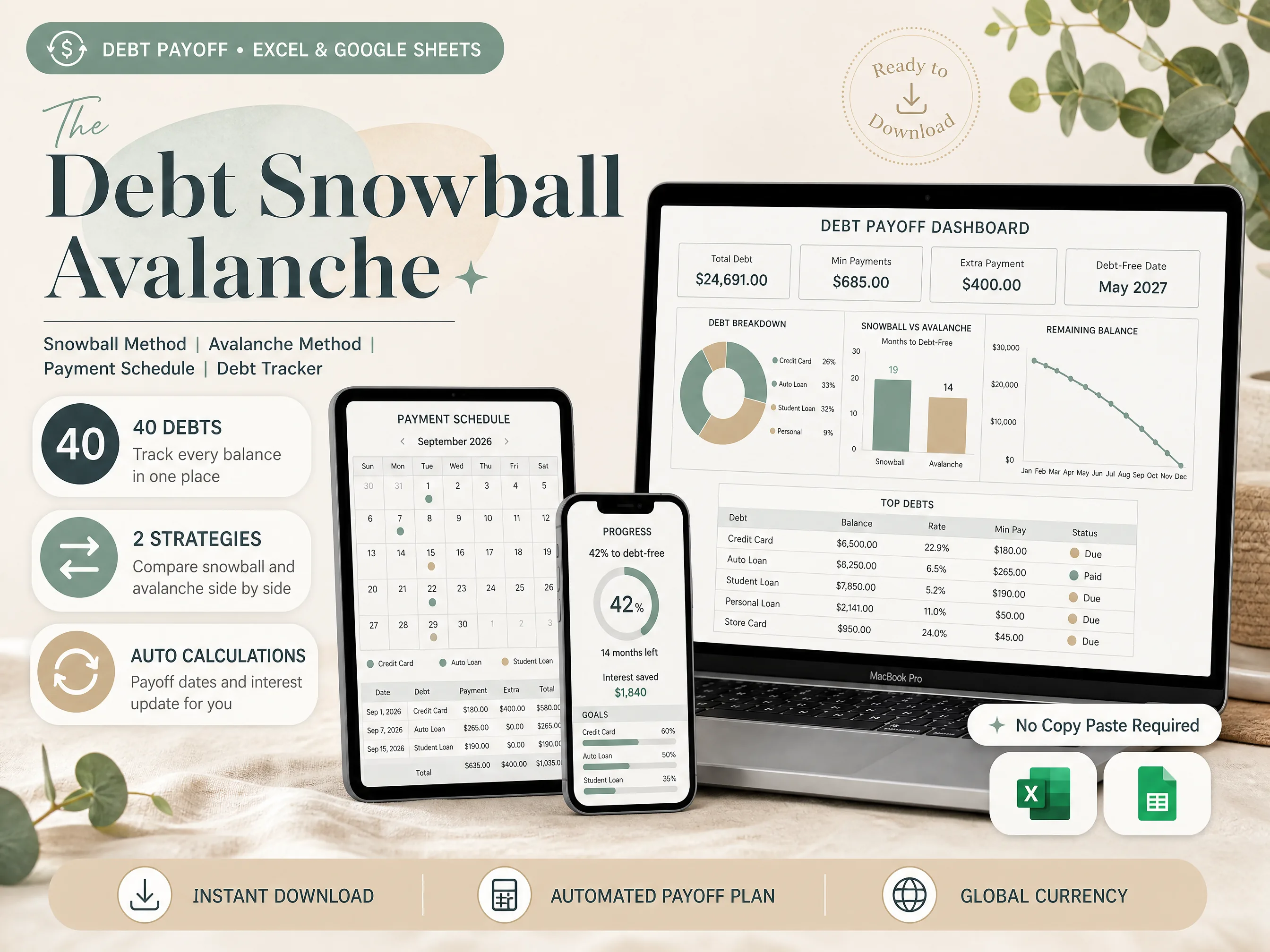 Debt Snowball Avalanche - Debt payoff spreadsheet for Excel and Google Sheets